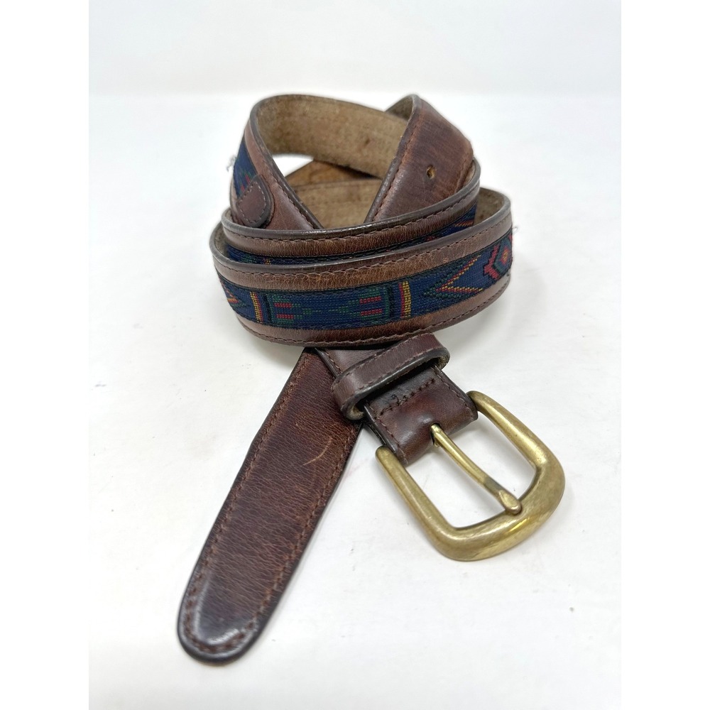 Vintage 1.25" Aztec Southwestern Woven Inlay Leather Belt Brown 39-43"